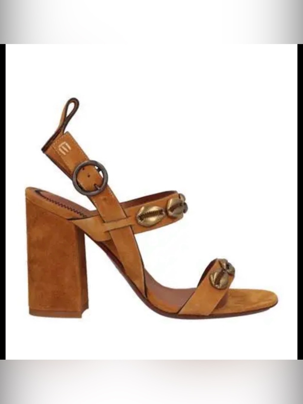 Etro Tan Suede Block Heel Sandal with Shell Embellishments